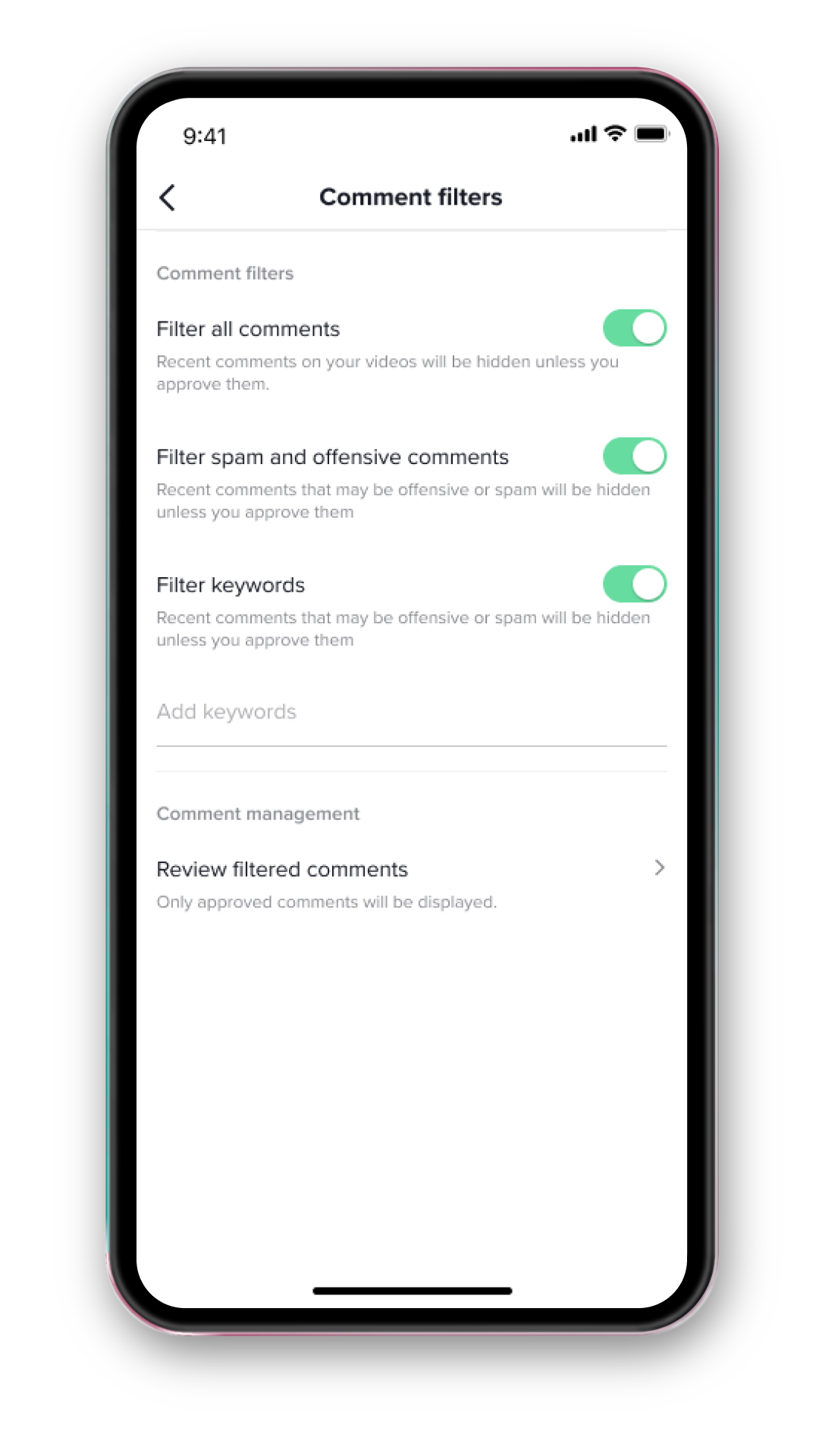Скриншот меню в Тик Ток, где можно включить фильтрацию комментариев